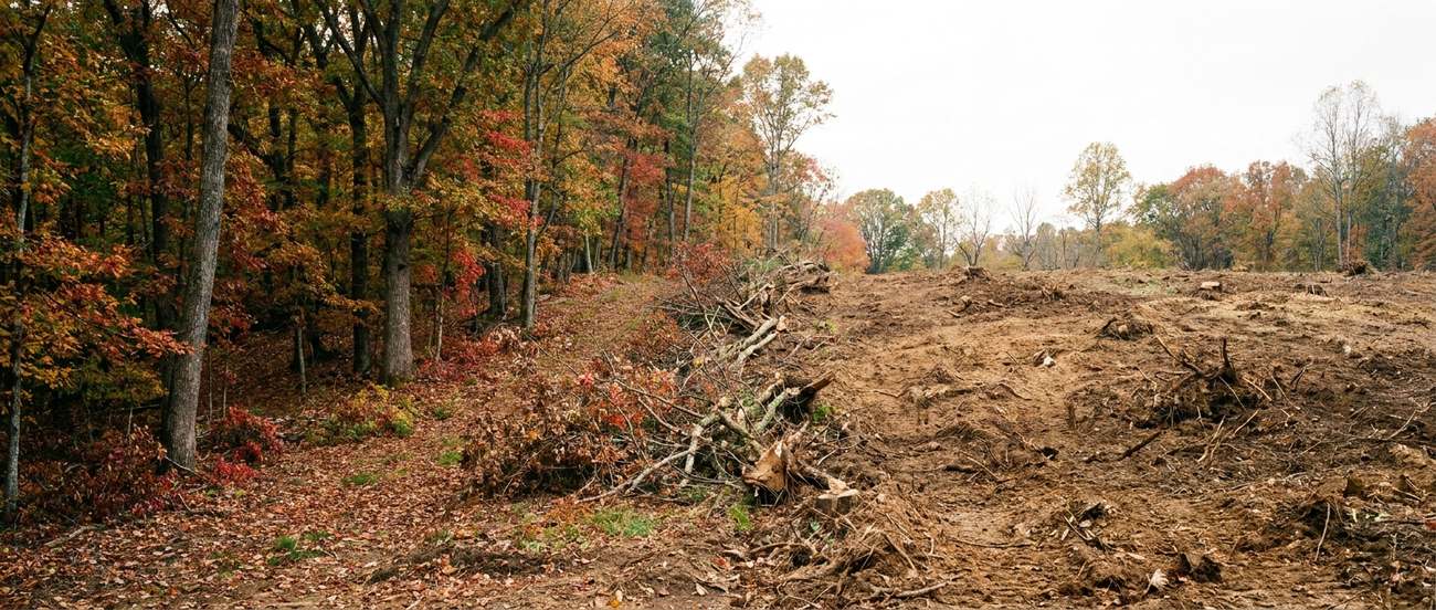 Cleared building lot with graded bare earth beside standing mixed hardwood forest