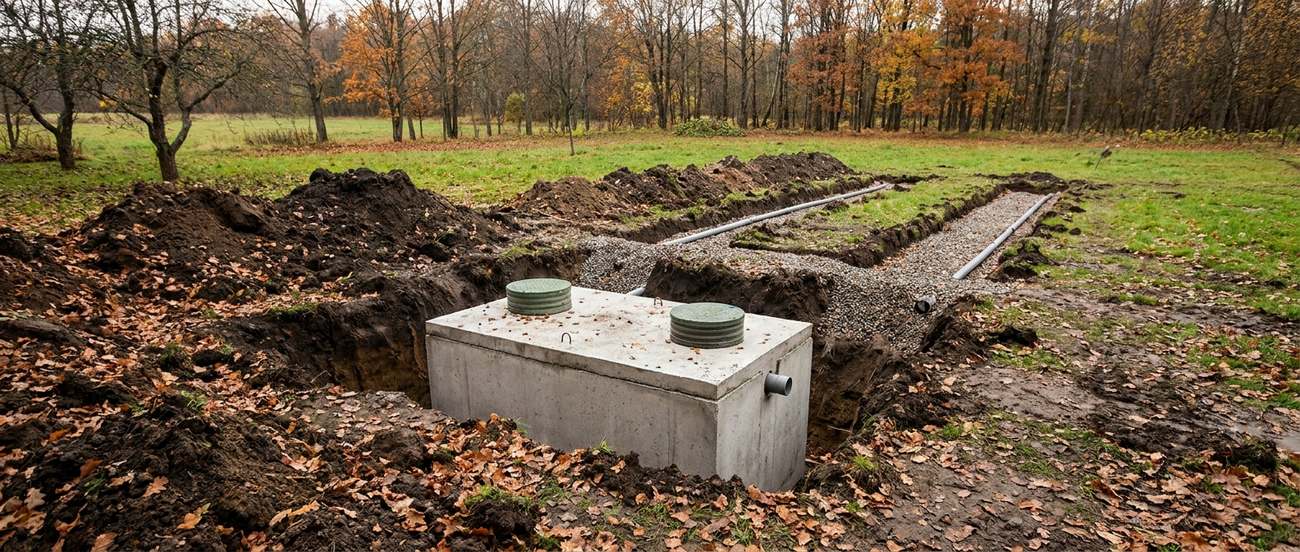 Septic drainfield installation in progress with gravel-bedded trenches in open ground
