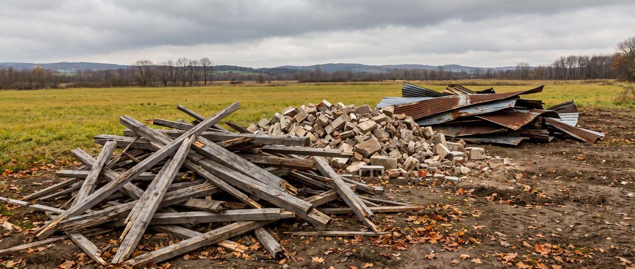 Excavator loading weathered demolition debris from a collapsed outbuilding into a dumpster