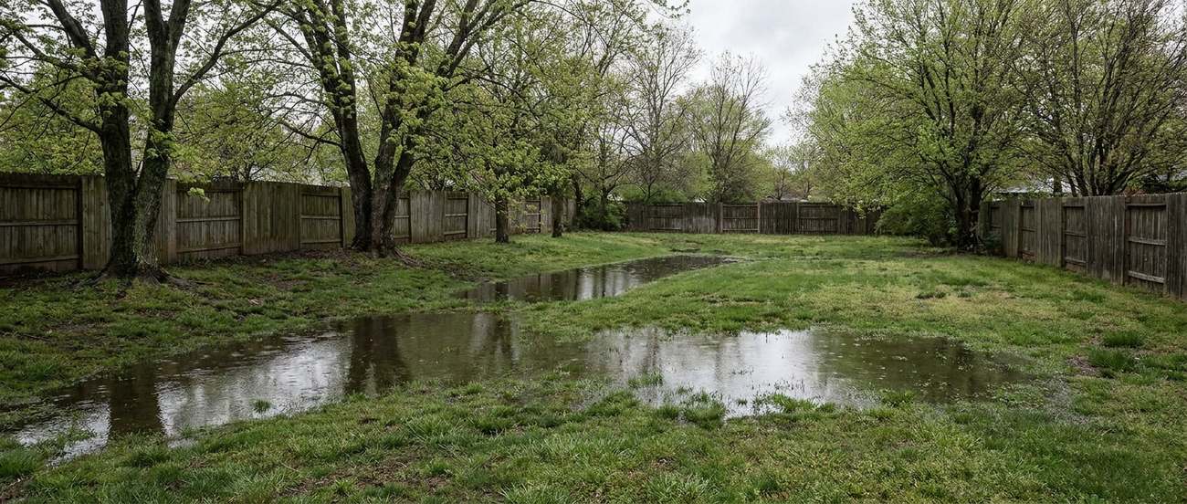 Rainwater standing in a low swale of a suburban lawn after a storm