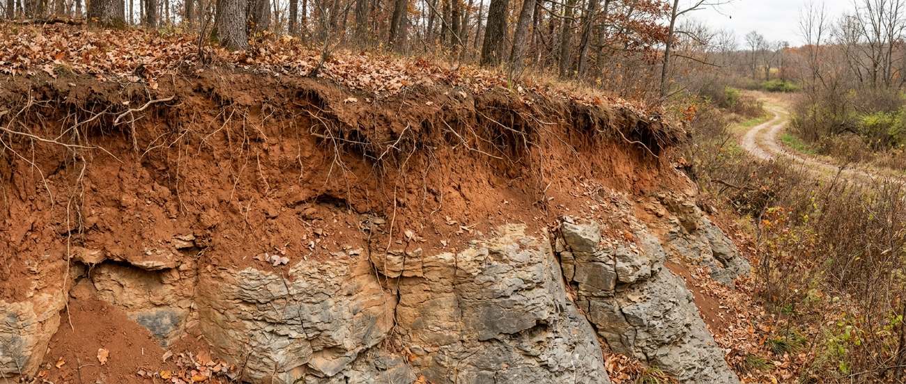 Freshly excavated ground showing reddish Piedmont clay soil over weathered rock