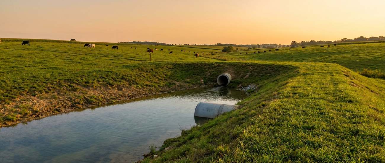 Small farm pond with earthen embankment set among rolling green pastureland