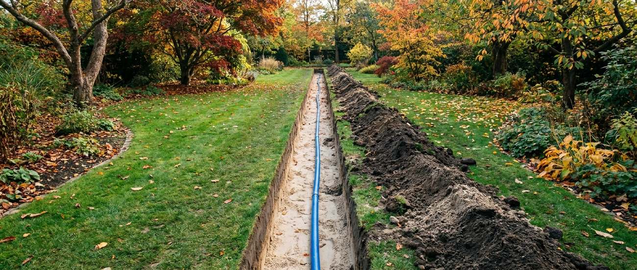 Open utility trench with clean vertical walls crossing a residential lawn